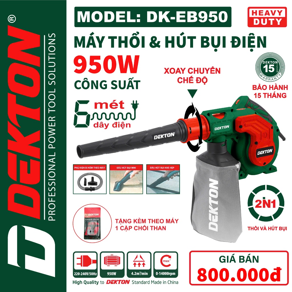 Máy thổi & hút bụi điện DEKTON EB950 / 950W / Kèm phụ kiện / Mẫu mới 2024 / 2 chế độ