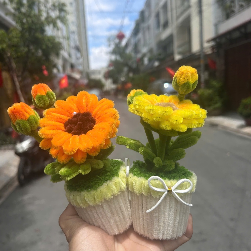 Chậu Hoa Mini Kẽm Nhung Handmade Trang Trí Bàn Làm Việc – Hoa Giả Để Bàn Độc Đáo, Quà Tặng Xinh Xắn – Hàng Có Sẵn