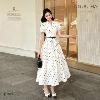  Đầm maxi kem chấm bi cổ vest tay ngắn dáng xòe vintage sang trọng KELY DRESS 