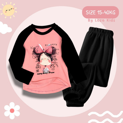 Bộ thu đông bé gái in hình Bé gái đeo nơ hồng - Bộ dài tay bé gái cân nặng từ 15-38kg-  Loza Kids BZ434