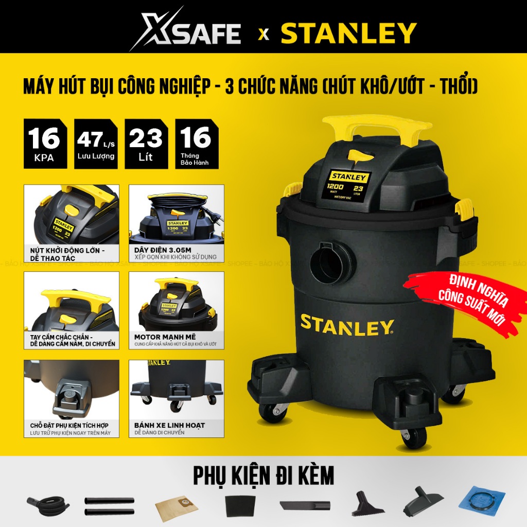 Máy hút bụi công nghiệp STANLEY SL19417P-6AB, dung tích 23L, công suất định danh mới 1200W, motor cải tiến hiệu suất cao