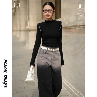 Áo Thun Dài Tay Nữ Fleurdelys Màu Đen 2 Sọc Vai Trắng DLAC135