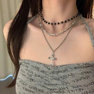  Set 3 vòng cổ chữ thập hạt đen dây móc nối cá tính y2k 