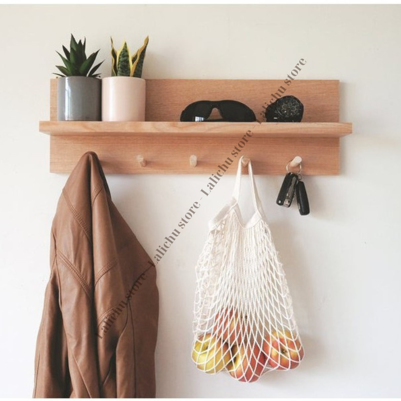 Kệ gỗ treo tường có móc, kệ để đồ decor phòng khách, kệ treo chìa khóa áo túi xách