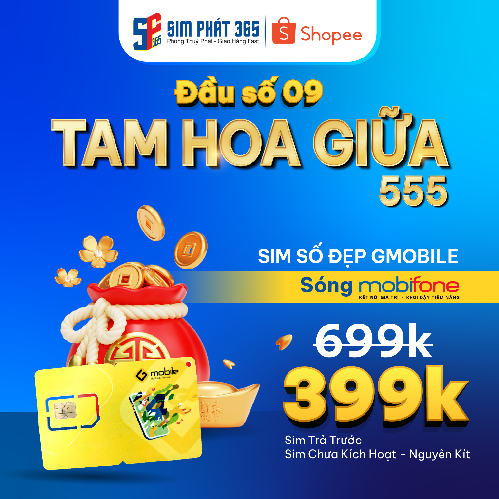 SIM SỐ ĐẸP Gmobile Mobifone - Phong Thủy - Tam Hoa Giữa 555- Đầu 099 - Gói GM68