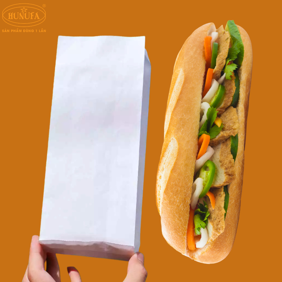 Sỉ 100 Túi giấy bánh mì Kraft trắng giữ nóng giòn HUNUFA - Túi giấy kraft đựng khoai tây chiên, chuố
