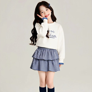 Set Váy Caro Bé Gái 2 Tầng  Áo Sweater Dài Tay Love Dễ Thương Tặng Kèm Cột Tóc - Set Đồ Bé Gái Phong Cách Hàn Quốc Nexxi