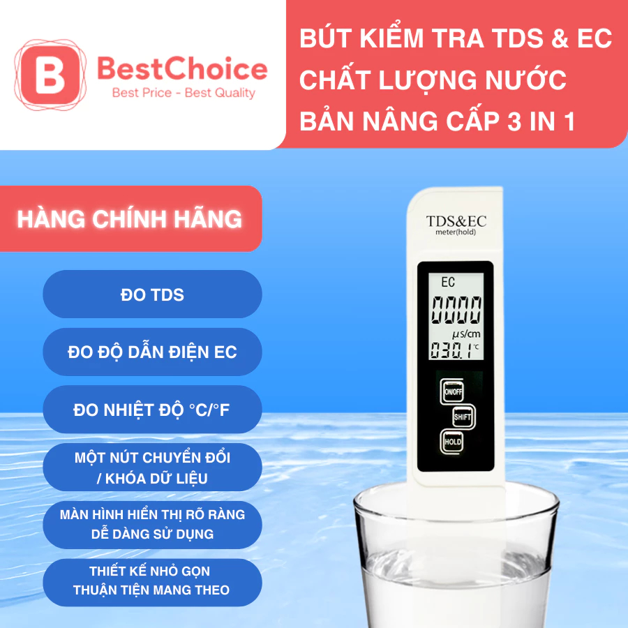 Bút Đo TDS-3 / EC Đo Nồng Độ Chất Rắn Hòa Tan Trong Nước, Kiểm Tra Nước Sạch, Đo Nhiệt Độ, Tiện Lợi