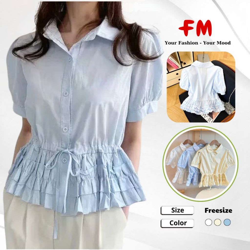 Áo Sơ Mi Kiểu Nữ FMSTYLE SHOP Tay Ngắn Lai Bèo Nhún Eo Nơ Che Bụng Mỡ Phong Cách Hàn Quốc 25062123