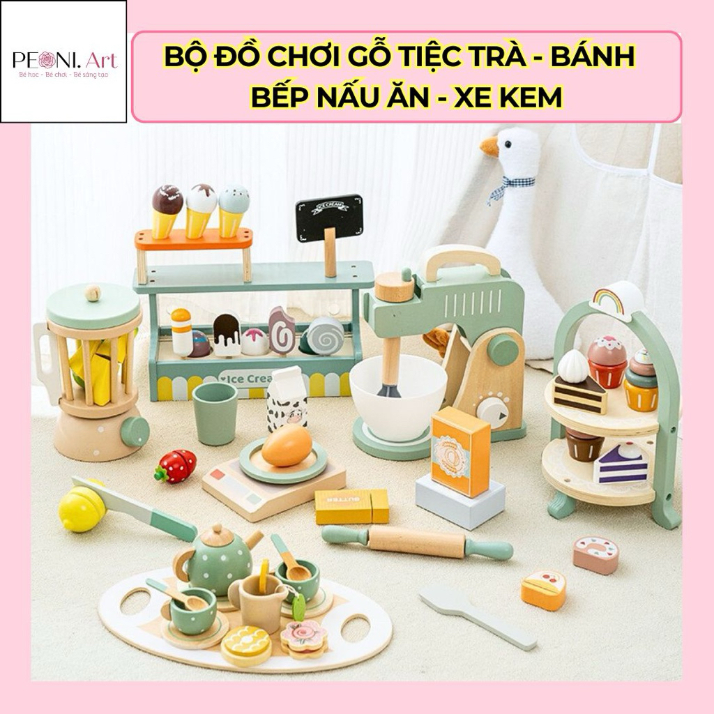 [PEONI] Bộ Đồ Chơi Gỗ Tiệc Trà Chiều, Bánh Ngọt, Cửa Hàng Kem Montessori Giáo Dục Thông Minh Cho Bé