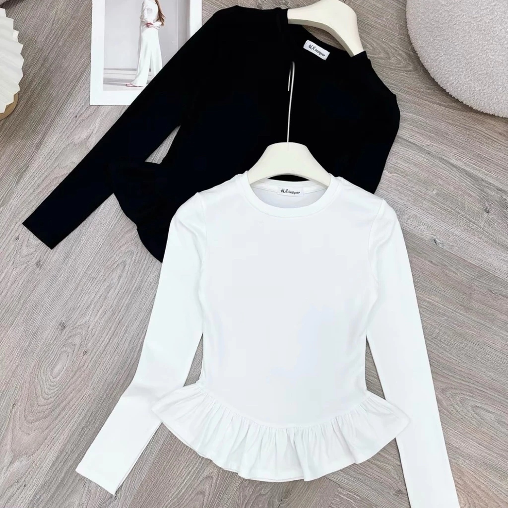 𝑷𝒊𝒏𝒌_𝑺𝒕𝒖𝒅𝒊𝒐//  Áo dài tay nữ LM315 bằng cotton, thiết kế cổ tròn và gấu nhún bèo thanh lịch, thoải m