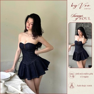 [Có Mút Ngực] Đầm váy ống tùng ly jean dáng xòe Kane Dress - ByVeeStyle, Đầm jeans cup ngực hack dáng đi chơi, chụp ảnh