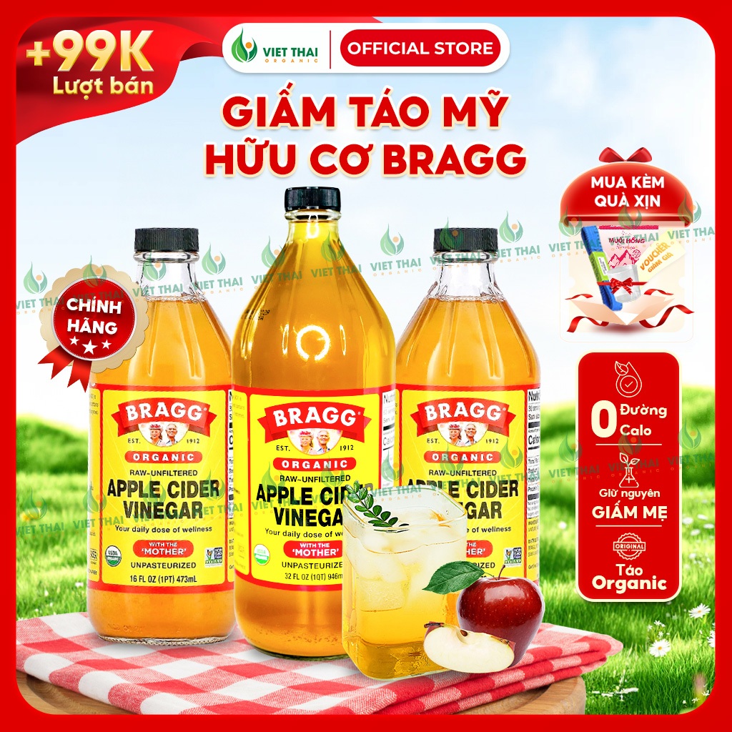 [CHÍNH HÃNG + QUÀ] Giấm Táo Hữu Cơ Bragg Mỹ Có Giấm Cái - Dấm Táo Detox Eatclean Việt Thái Organic