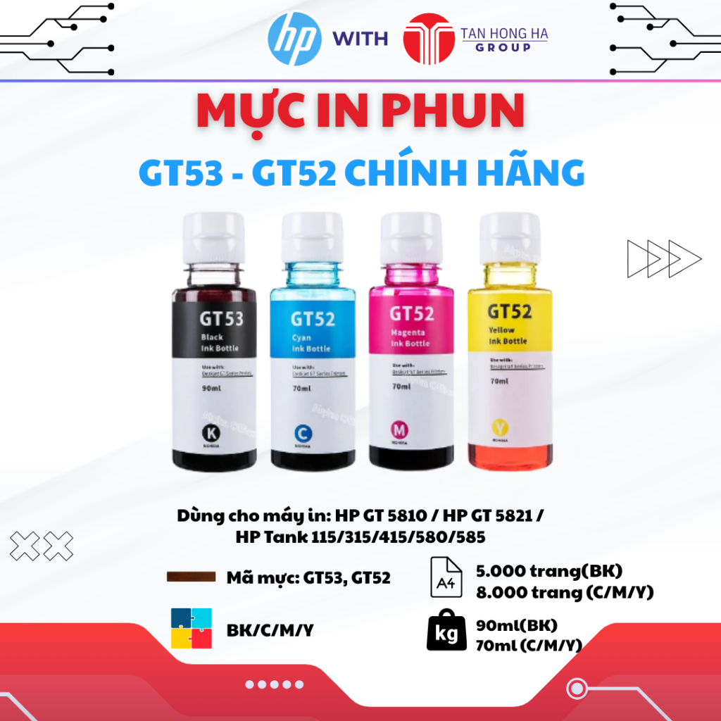 Bộ mực in phun HP GT53, GT52 chính hãng dành cho máy in HP GT 5810/ 5820/ Tank 210, 215, 315, 415, 5