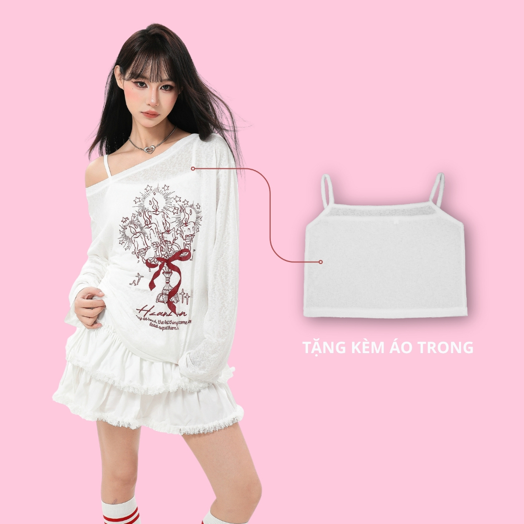 Áo thun nữ dài tay hoạ tiết đèn thần, Áo thun giấy xuyên thấu trễ vai in hình graffiti dễ thương - AT01 | BigBuy360 - bigbuy360.vn