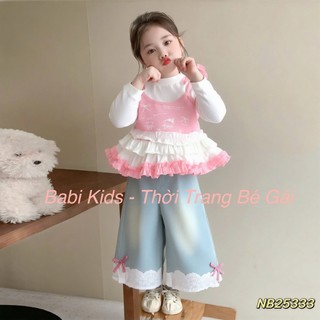  Đồ bộ bé gái Set đồ bé gái áo babydoll nhún bèo & quần jean suông đáp ren gấu đính nơ đi học đi chơi 10-30kg Babi Kids 
