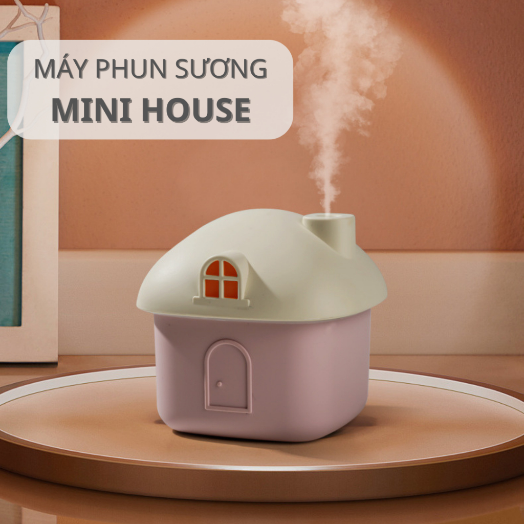 Máy Phun Sương Tạo Ẩm Mini Hình Ngôi Nhà Dễ Thương - Máy Không Dây Tích Hợp Đèn Ngủ LED 7 Màu, Decor Bàn Làm Việc, Quà T