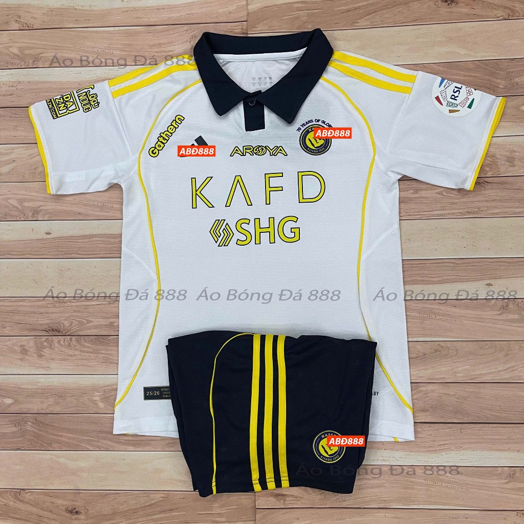 Bộ Quần Áo Bóng Đá Trẻ Em CLB Al Nassr 2025, Áo Đá Banh Ronaldo - Vải Polyester Gai Thái cao Cấp