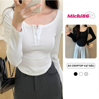 Áo croptop vạt bầu nữ tay dài phối cúc ngực tôn dáng siêu xinh Michi, áo kiểu nữ đuôi tôm croptop