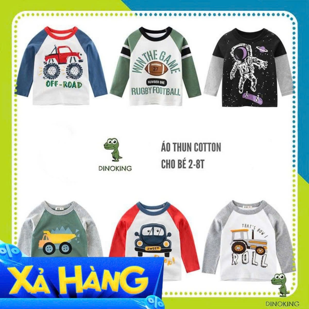 Áo dài tay bé trai DINOKING Áo thu đông cho bé chất thun cotton mềm mịn dày dặn 2-8 tuổi AT01