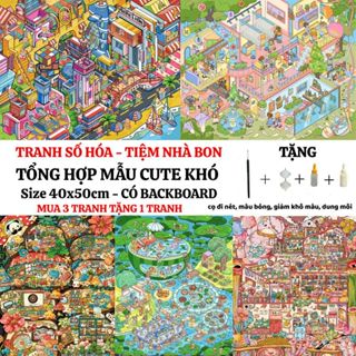 (40X50cm-CÓ BACKBOARD) Tranh tô màu theo số CUTE KHÓ có sẵn khung, cọ vẽ, màu vẽ, tặng màu bóng, giảm khô,