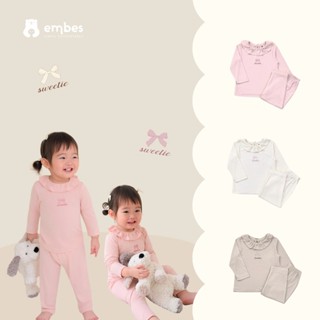  Đồ Bộ Bé Gái Embes Bộ Dài Tay Bé Gái Phối Cổ Bèo Ngực Thêu Nơ Chất Thông Hơi Cho Bé Size Từ 8-18Kg 