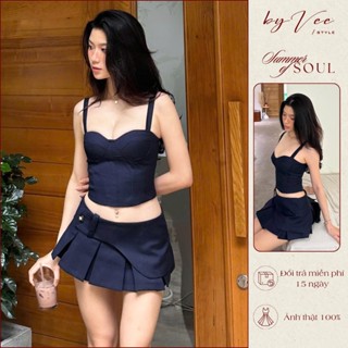 [DEAL SÂU LIVE] Set Áo Hai Dây Corset, Chân Váy Ngắn Xếp Ly To Xanh Navy Byveestyle, Áo Có Mút Sẵn Nâng Ngực Tôn Dáng
