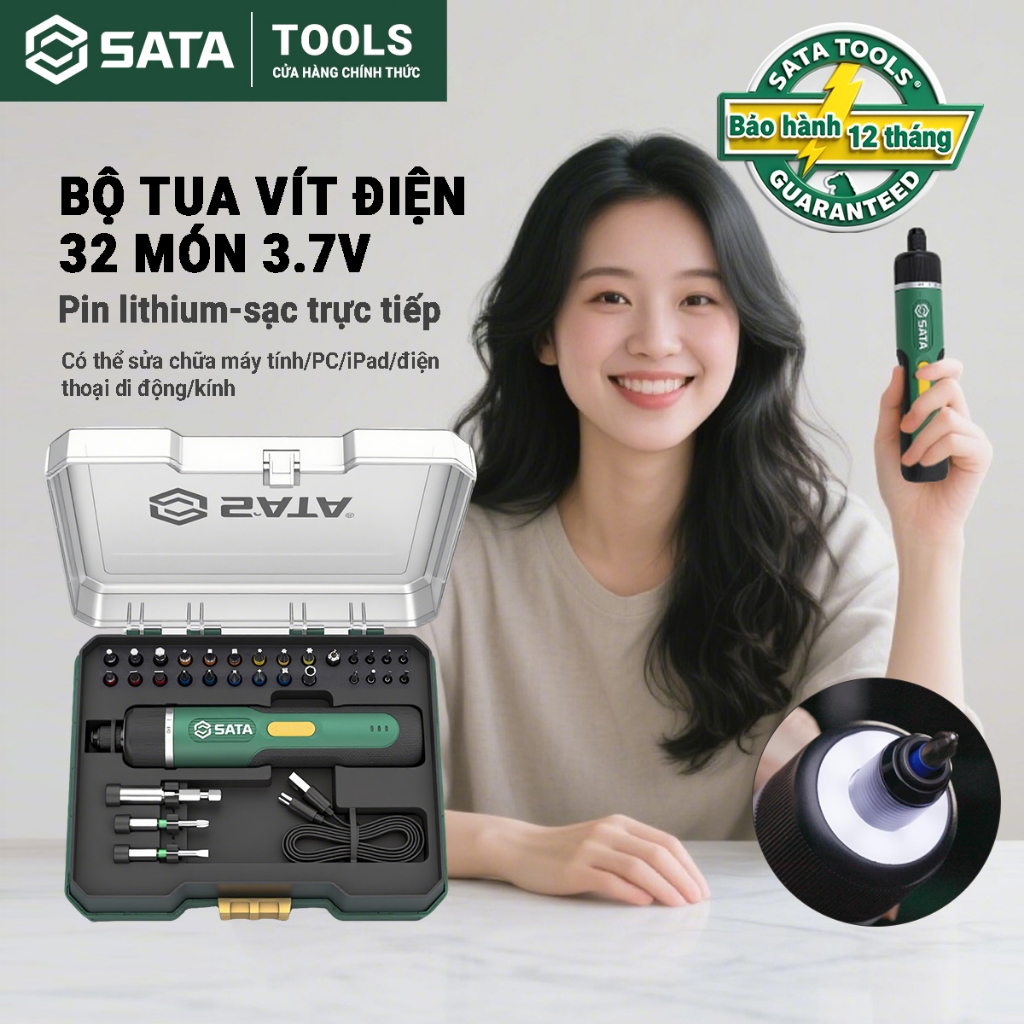 Bộ tua vít điện SATA 3.7V 32 chi tiết 151051 - Máy vặn ốc điện 151052 - Tua vít pin Lithium thẳng | BigBuy360 - bigbuy360.vn