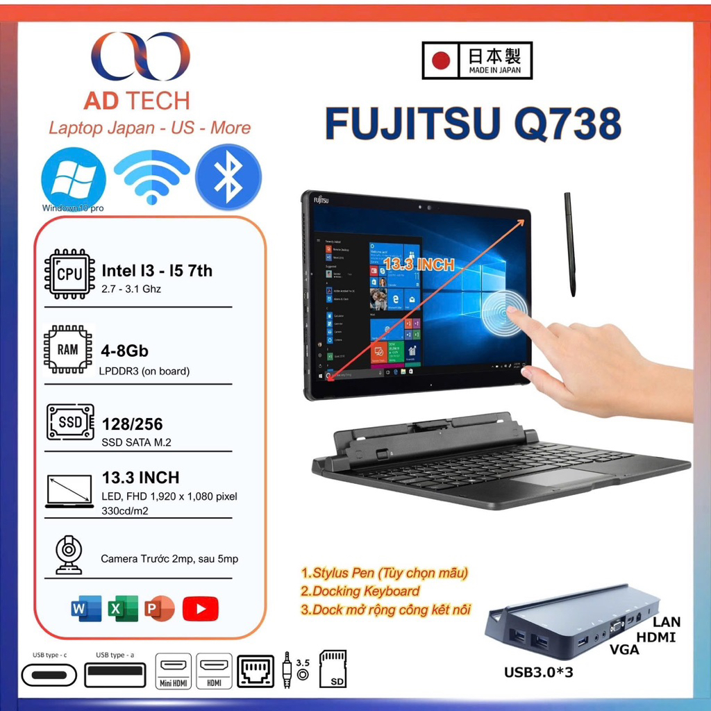 Laptop 2in1 Fujitsu Q738/Q739 nội địa Nhật  Core I3/5 Ram4/8 tương đương Surface 5 pro