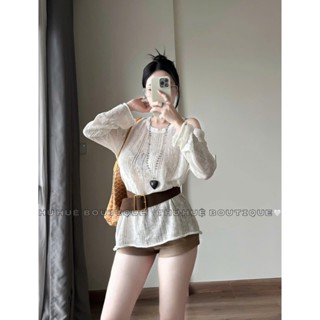 áo kiểu nữ sang chảnh,áo thiết kế nữ,chất len lưới hở vai kèm đai 4 màu hot trend sành điệu UD23