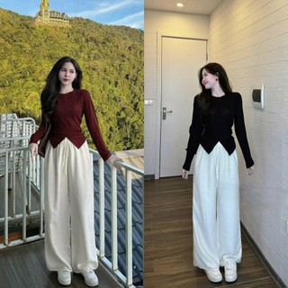  Set bộ áo thun gân cổ tròn ta dài vạt nhọn phối quần suông đũi 2 màu basic cho nàng đi chơi đi làm dạo phố nhẹ nhàng 