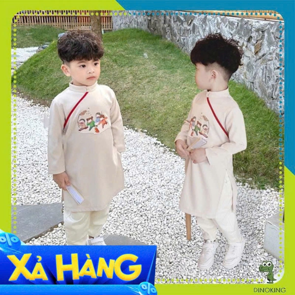 Áo dài cho bé trai tết DINOKING Áo dài cách tân bé trai chất nhung siêu mềm trẻ em 1 - 8 tuổi AD30