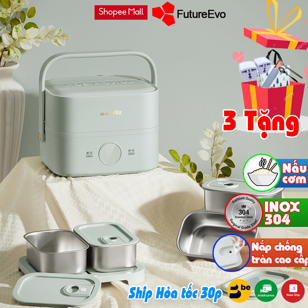 Hộp cơm cắm điện FutureEvo-Bear 2 tầng 3 khay inox nấu cơm nấu thức ăn và hâm nóng Tặng túi xách đũa thìa