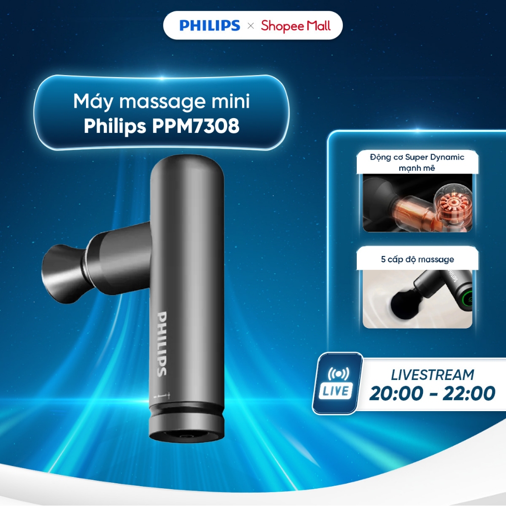 Máy massage mini Philips PPM7308 - Pin 1500mAh - 5 mức độ hoạt động - 4 đầu massage