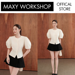 Áo kiểu tay phồng cột nơ sau chiết eo xinh xắn Striped Puff Sleeve Top Creamy Maxy Workshop