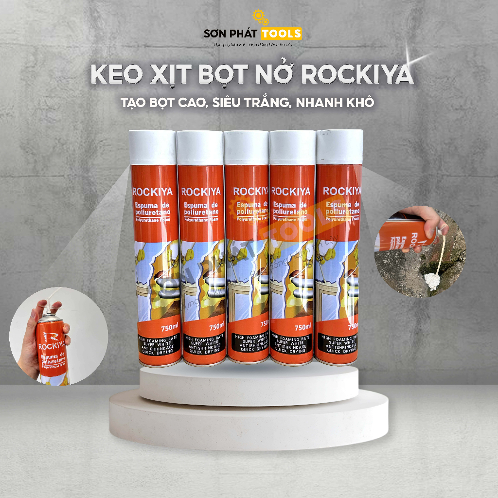 Keo Xịt Bọt Nở Xốp ROCKIZA - Keo Foam Chống Cháy Dung Tích 750ml - Tỷ Lệ Tạo Bọt Cao [Kèm Vòi Xịt]