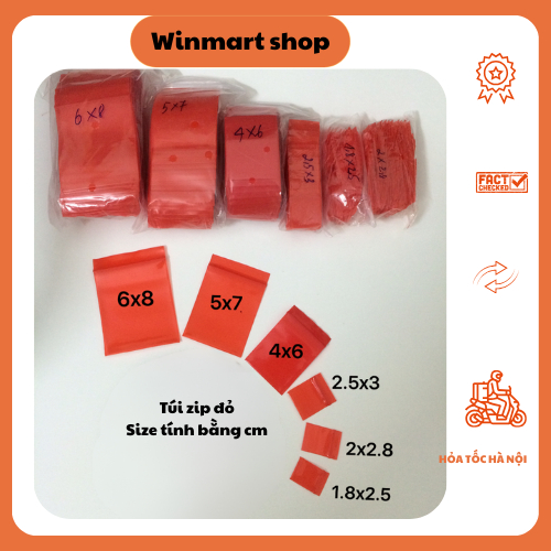 Gói 100c túi zip đỏ,zip mini màu đỏ chọn size winmart