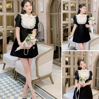 Đầm váy tafta cổ sơ mi phối ren bèo xinh xắn mix tay bồng sang chảnh dáng ngắn xòe thời trang diện đi chơi, dự tiệc