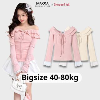 Áo thun len BIGSIZE MAKKA dài tay viền ren thiết kế trễ vai 2 tầng viền bèo phối dây buộc nơ 3003