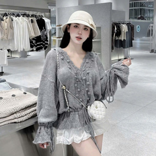 Áo len dáng rộng tay loe cổ V phối tua rua thời trang nữ ulzzang Hàn Quốc sang chảnh siêu hot QCCC LuciK Shop AL0022