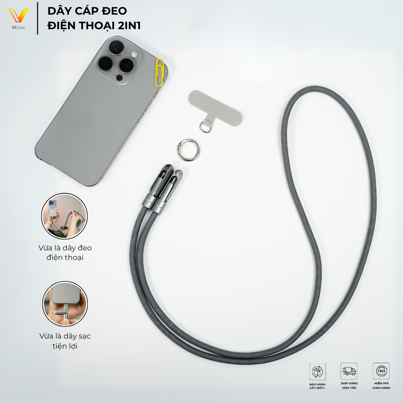 Cáp Sạc Nhanh Kèm Dây Đeo Điện Thoại 2in1 ViGear – Hỗ Trợ Sạc Nhanh C-C 65W, C-L 27W Dành Cho iPhone, Android C02