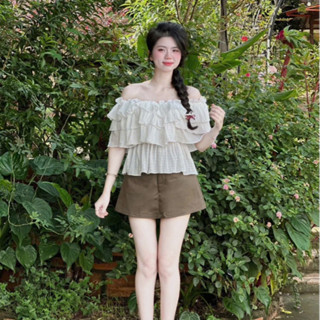  Set váy bánh bèo áo trễ vai bèo tầng chất xốp phối chân váy chữ a ngắn chất kaki có lót cho nàng chụp ảnh dạp phố xinh 