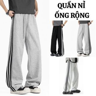  Quần Nỉ ống rộng Nam form suông 3 sọc kẻ màu xám đen vải nỉ 2da cotton kèm dây rút gấu thể thao FABUMAN 