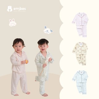 Bộ Pijama Dài Tay Cho Bé Embes, Bộ Đồ Ngủ In Hình Kẻ Sọc Chất Mềm Mát Cho Bé Trai Bé Gái Từ 8-18kg