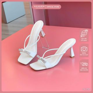 Guốc, dép cao gót nữ HÀ HUYỀN lụa satin quai nơ đính đá gót nhọn 7cm - GL793