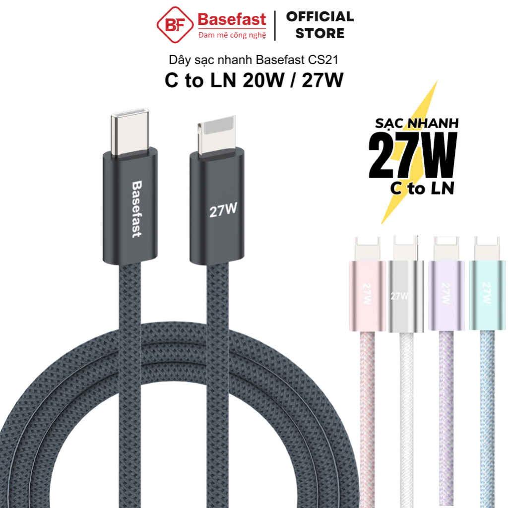 Dây sạc nhanh 20W Basefast cho 8 plus xr xsmax 11 12 13 14 pro.. cáp bọc dù siêu bền dài 1m 2m