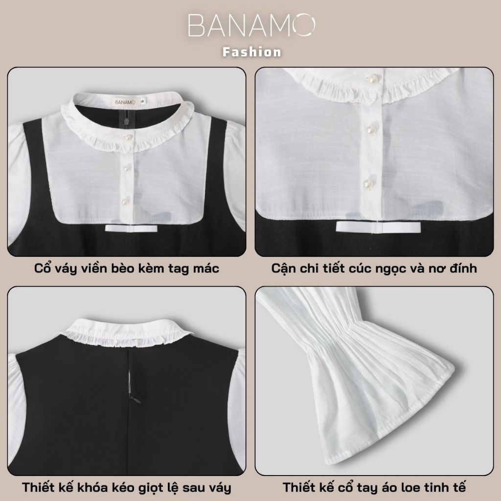 Đầm nữ BIGSIZE Banamo Fashion váy yếm phối sơ mi trắng viền bèo dài tay dáng chữ A thanh lịch 5316 | BigBuy360 - bigbuy360.vn