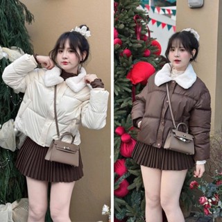  Áo Khoác Phao Nữ Dáng Ngắn Cổ Lông Có Dây Rút Áo Phao Croptop Nữ 3 Lớp Free Size Siêu Ấm 