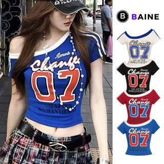 Áo Croptop LỆCH VAI in chữ CHANGE 07 Chất Thun Borip CR133, Áo Thun Trễ Vai Một Bên Nữ Tay Ngắn Nhiều Màu BAINE