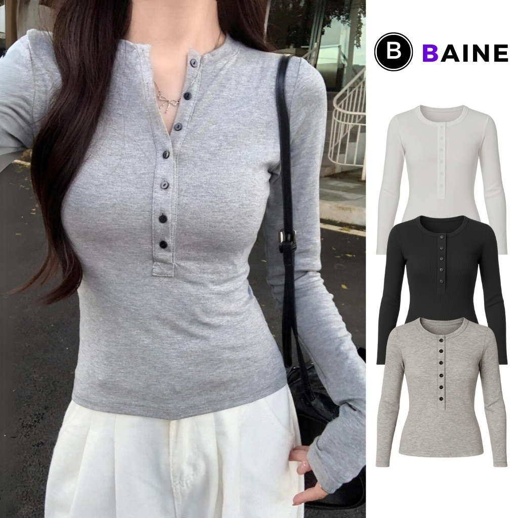 Áo Thun TAY DÀI CỔ TRÒN CÀI 6 NÚT Dáng Dài Nữ DD112, Áo Babytee Chất Thun Gân Kiểu Trơn Nhiều Màu BA